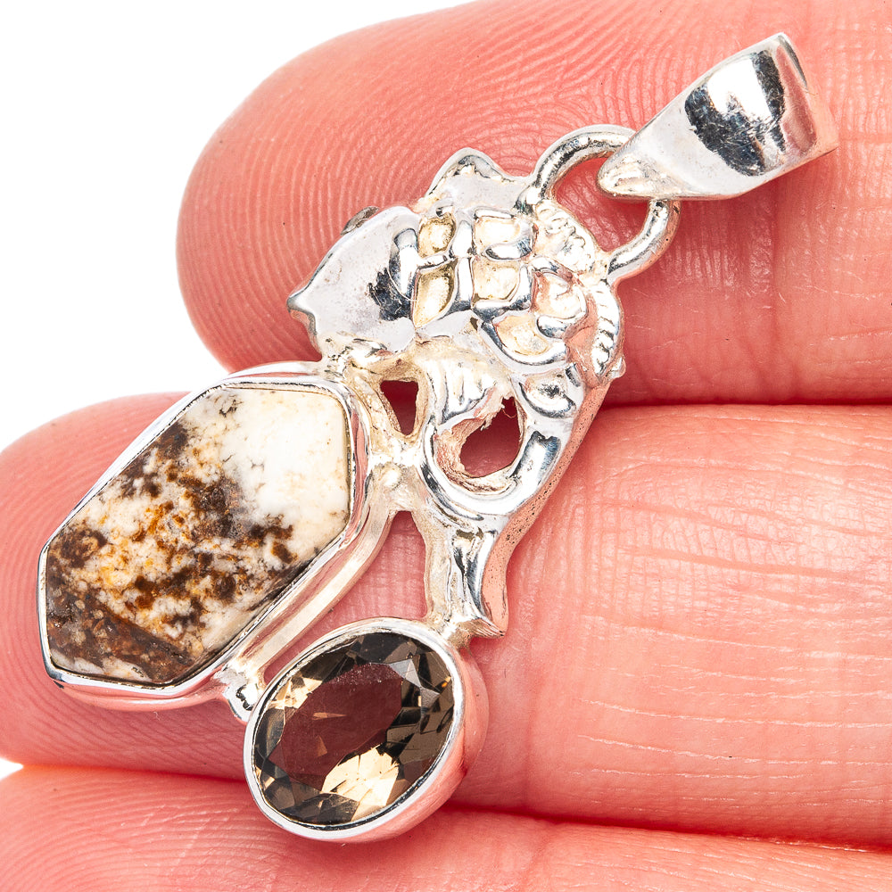 White Horse Jasper, Smoky Quartz Fish Pendant 1 3/8" (925 Sterling Silver) P40254