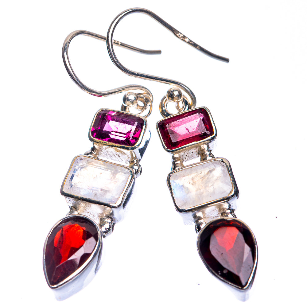 Rainbow Moonstone, Garnet Earrings 1 5/8" (925 Sterling Silver) E432748