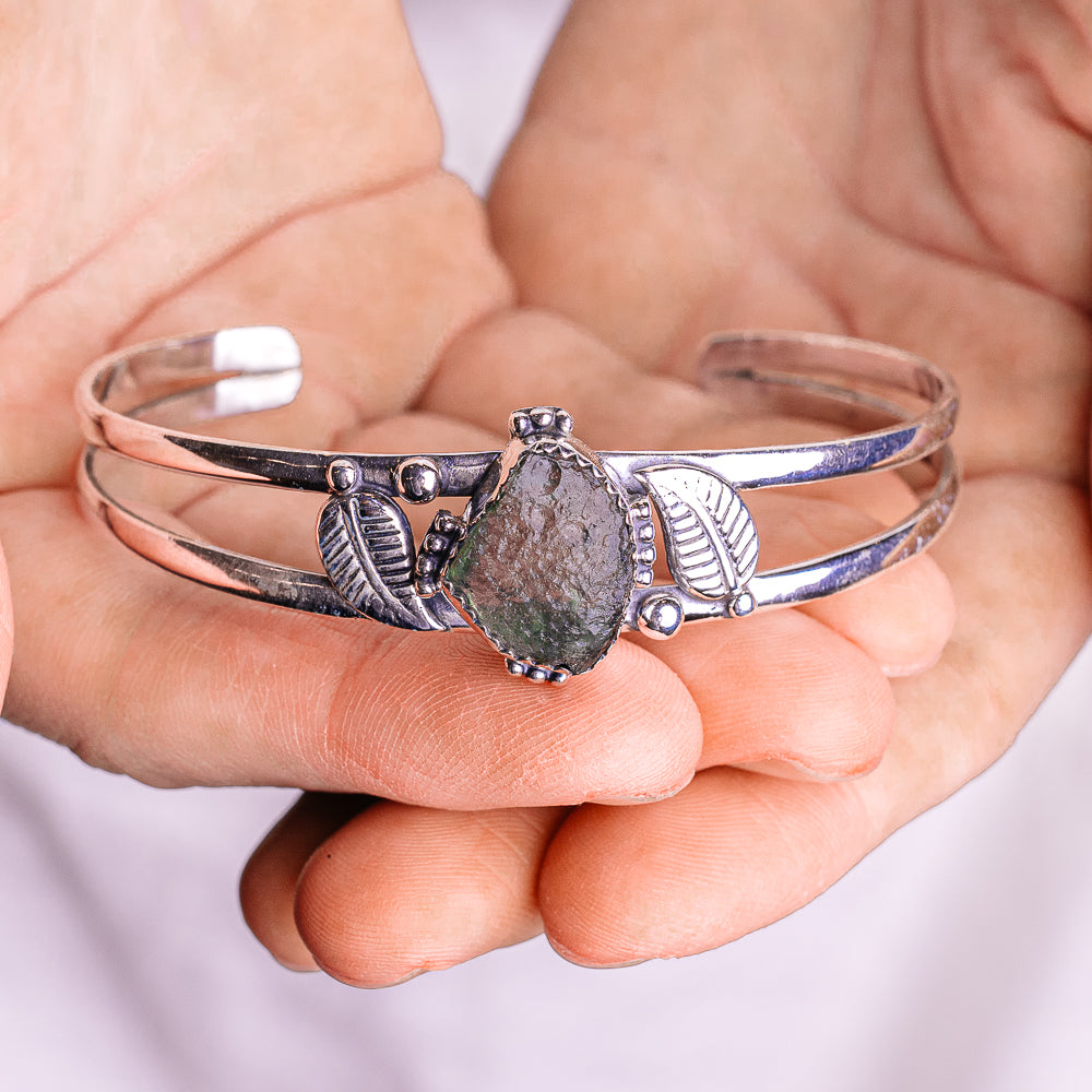 Moldavite Cuff Bracelet Adjustable (.925 Sterling Silver)