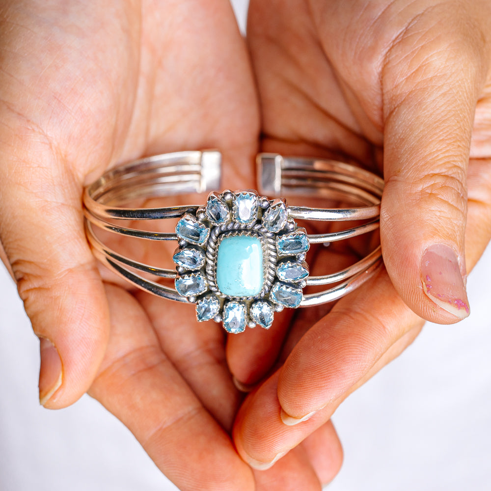 Exclusive Native Style Kingman Turquoise Cuff Bracelet Adjustable (.925 Sterling Silver)