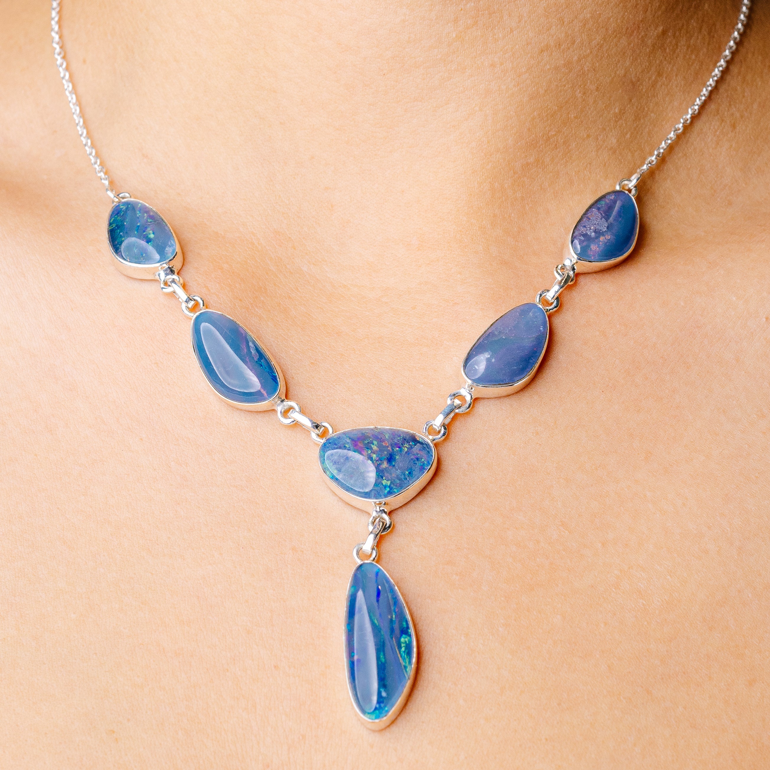 Triplet Opal Necklace 18 3/4 To 21 1/2" (925 Sterling Silver) N90277
