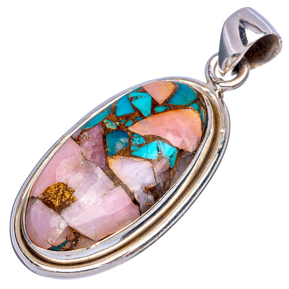 Copper Blue Turquoise Pink Opal Pendant 1 1/2" (925 Sterling Silver) P43502