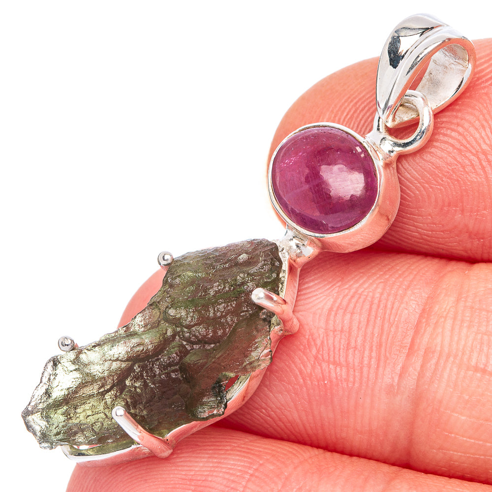 Rare Czech Moldavite, Pink Tourmaline Pendant 1 5/8" (925 Sterling Silver) P39942
