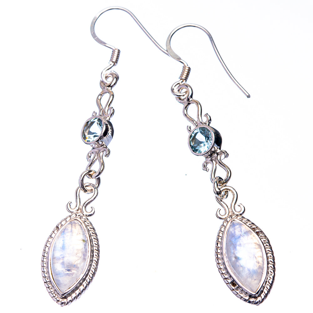 Premium Rainbow Moonstone, Blue Topaz Earrings 2 1/4" (925 Sterling Silver) E432355