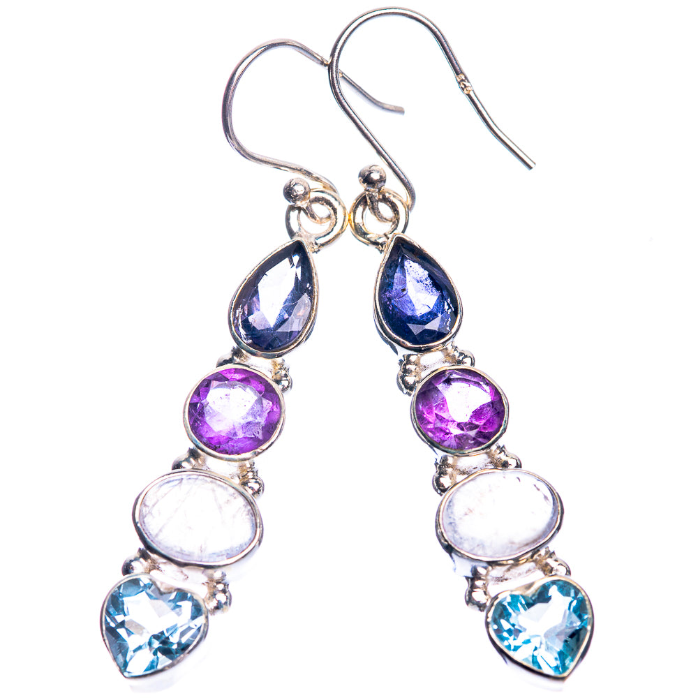 Rainbow Moonstone, Amethyst, Blue Topaz, Tanzanite 925 Sterling Silver Earrings 2"