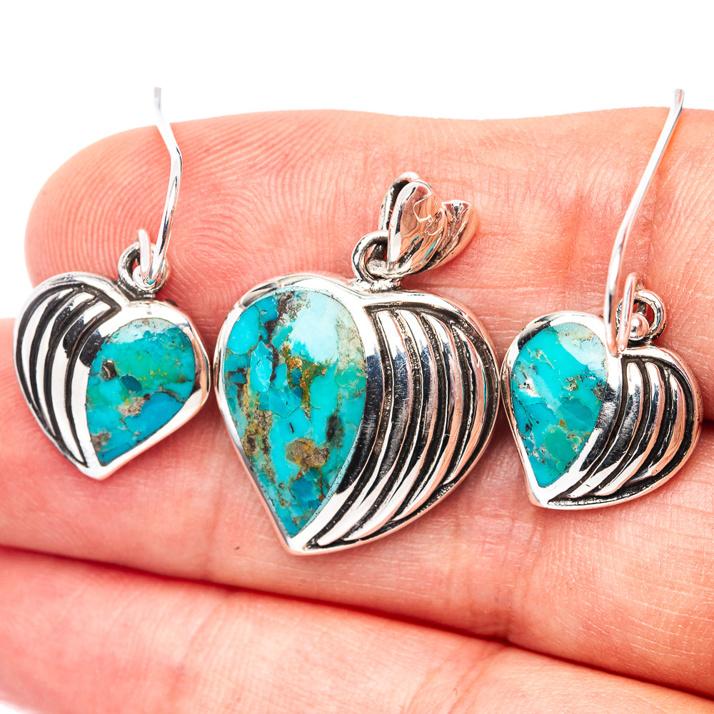 Native Style Mohave Turquoise Heart Pendant & Earrings Set 1 1/8" (.925 Sterling Silver)