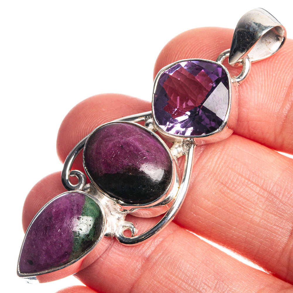 Ruby Zoisite, Amethyst 925 Sterling Silver Pendant 2 1/8"