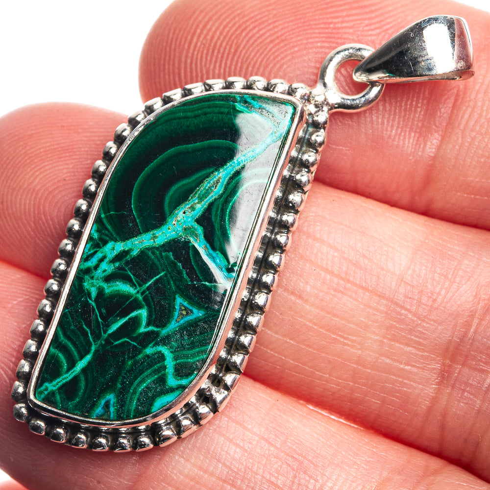 Malachite In Chrysocolla 925 Sterling Silver Pendant 1 5/8"