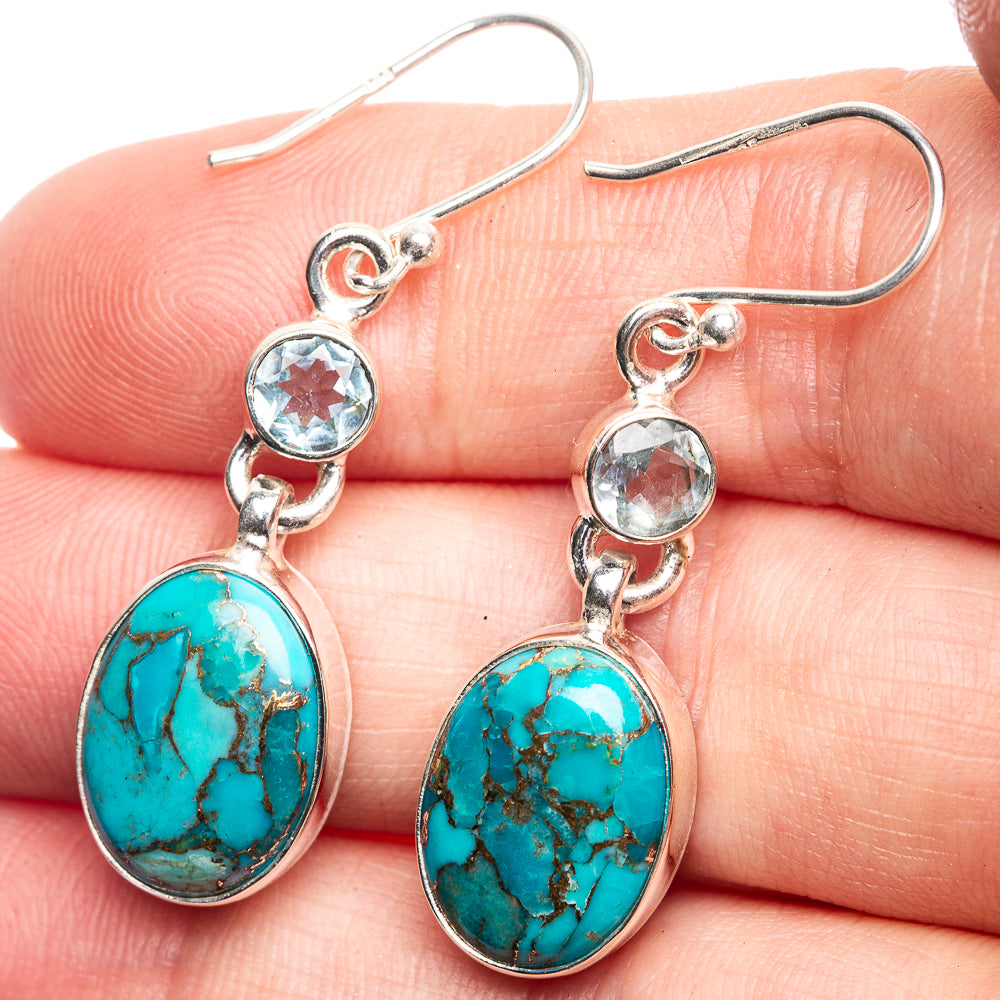 Blue Copper Composite Turquoise, Blue Topaz Earrings 1 5/8" (925 Sterling Silver) E432537