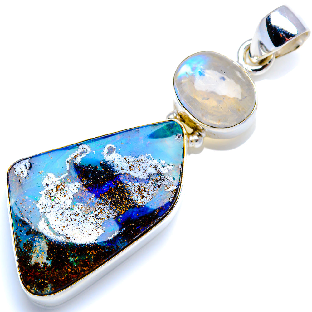 Boulder Opal, Rainbow Moonstone 925 Sterling Silver Pendant 2" (925 Sterling Silver) PD38361