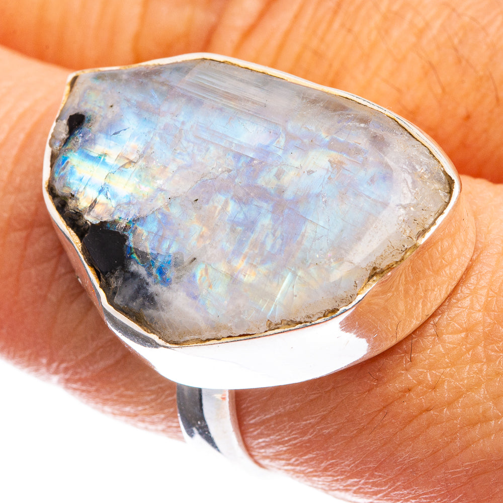 Large Rough Rainbow Moonstone Ring Size 8.5 (925 Sterling Silver) R143042