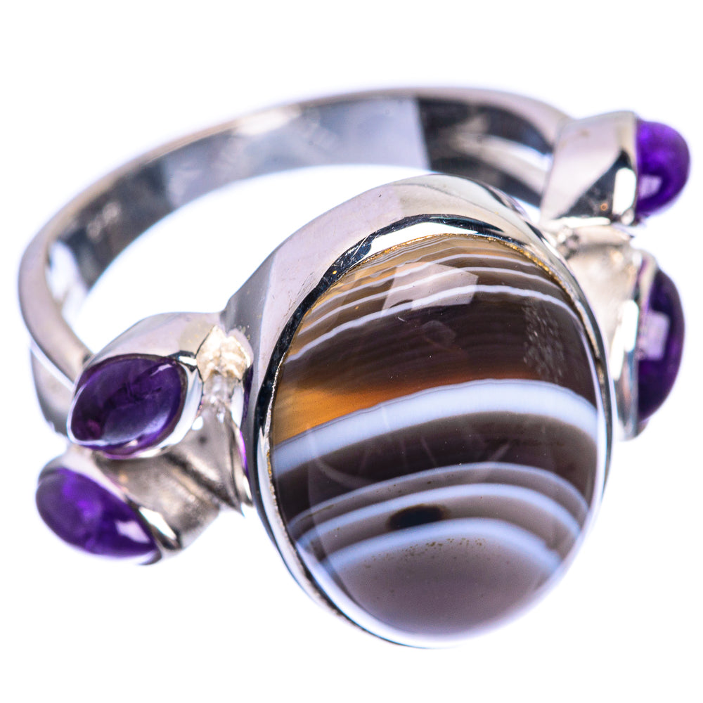 Botswana Agate, Amethyst 925 Sterling Silver Ring Size 7.5