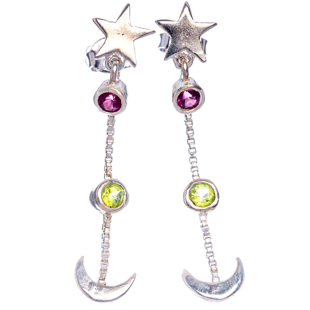 Pink Tourmaline, Peridot Star Moon Earrings 1 5/8" (925 Sterling Silver) E433535