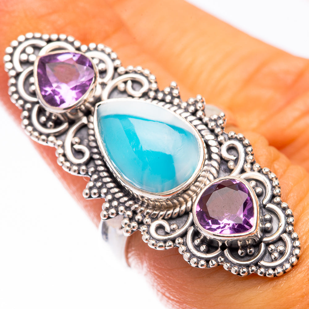 Large Larimar, Amethyst Ring Size 6.25 (925 Sterling Silver) R140845