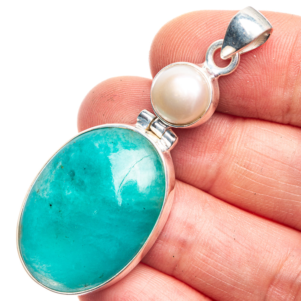 Peruvian Amazonite, Cultured Pearl Pendant 2 1/8" (925 Sterling Silver) P39146