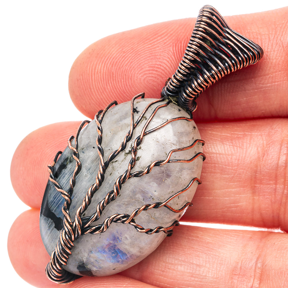 Rainbow Moonstone with Black Tourmaline Tree of Life Pendant 1 7/8" (Oxidized Copper)