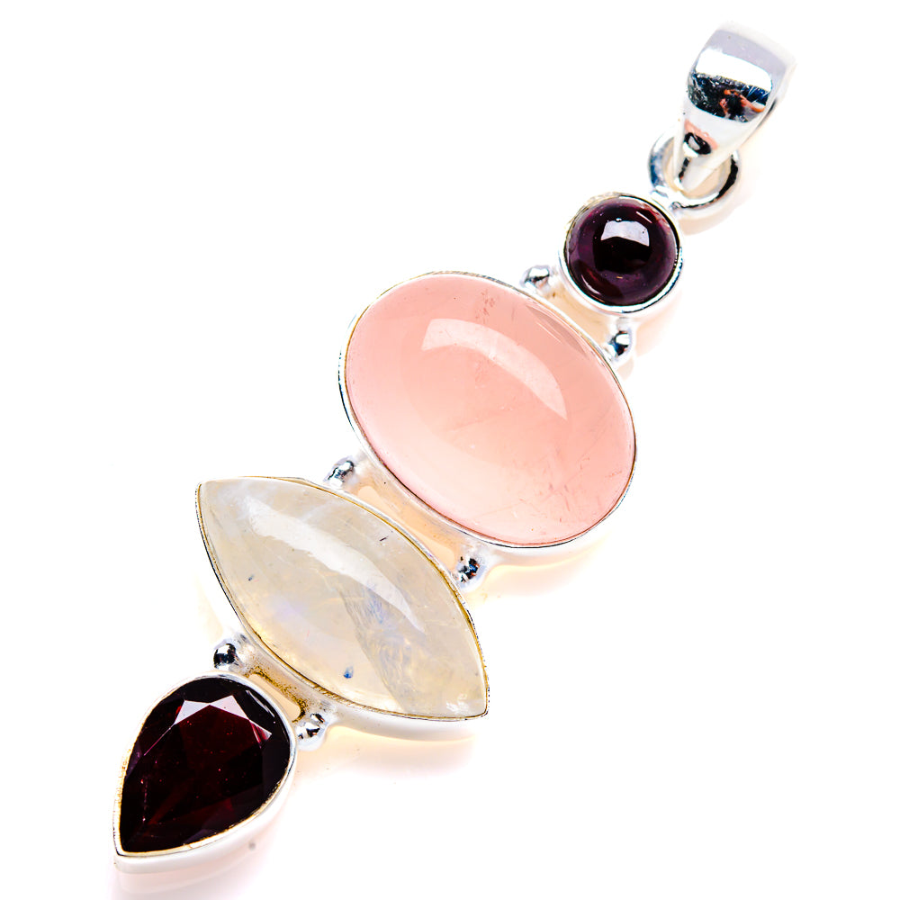 Rose Quartz, Rainbow Moonstone, Garnet Pendant 2 1/4" (925 Sterling Silver) PD38116