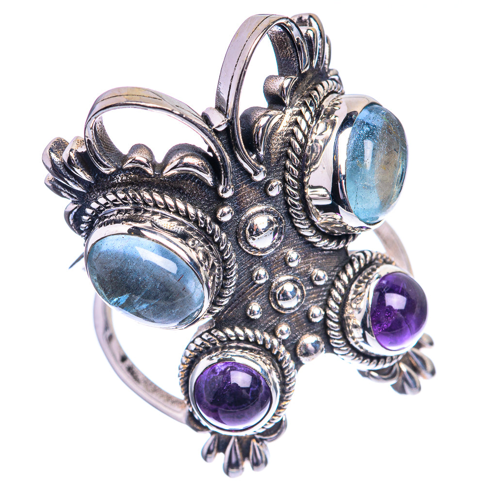 Large Natural Aquamarine, Amethyst 925 Sterling Silver Ring Size 7.5