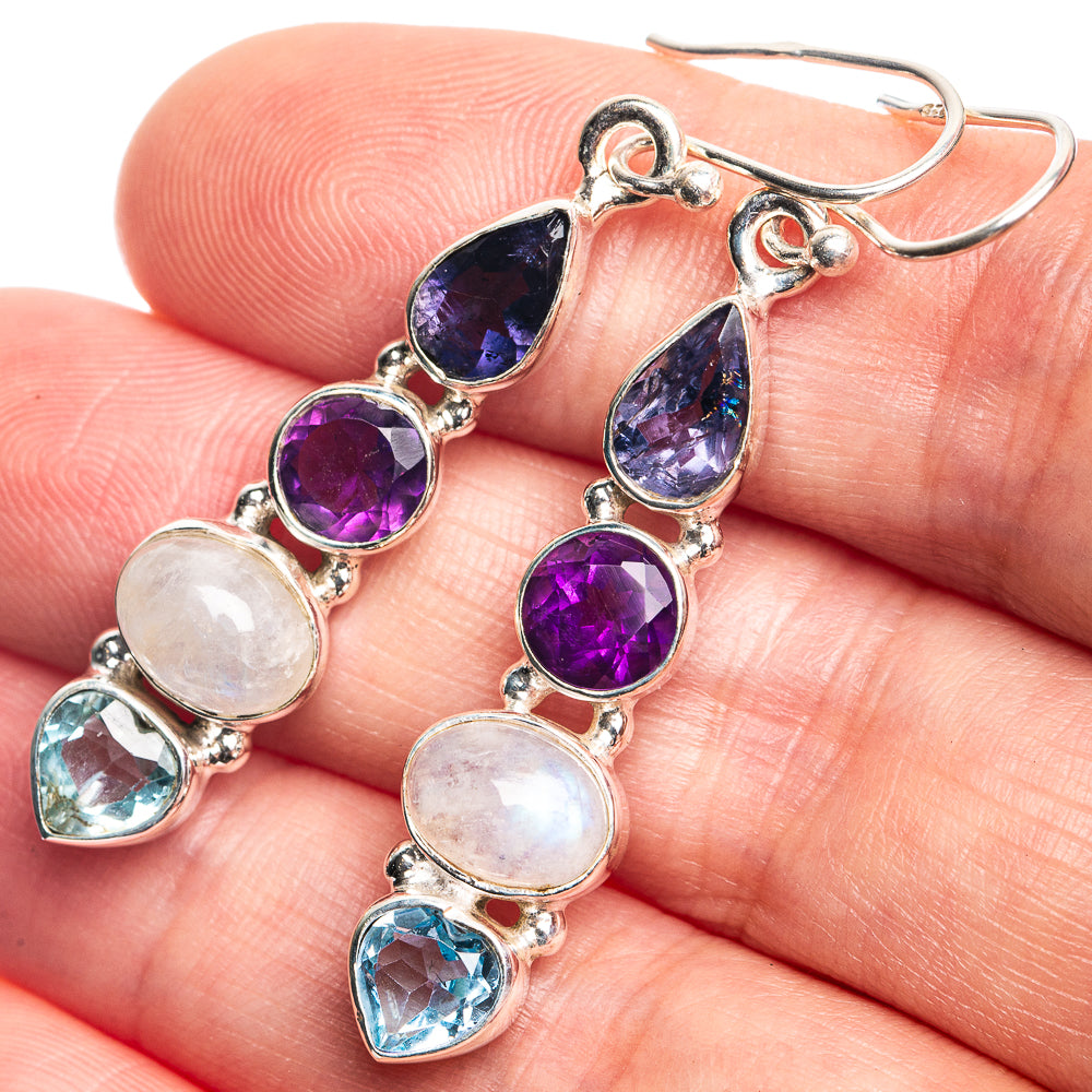 Rainbow Moonstone, Tanzanite, Amethyst, Blue Topaz Earrings 1 7/8" (925 Sterling Silver) E432726