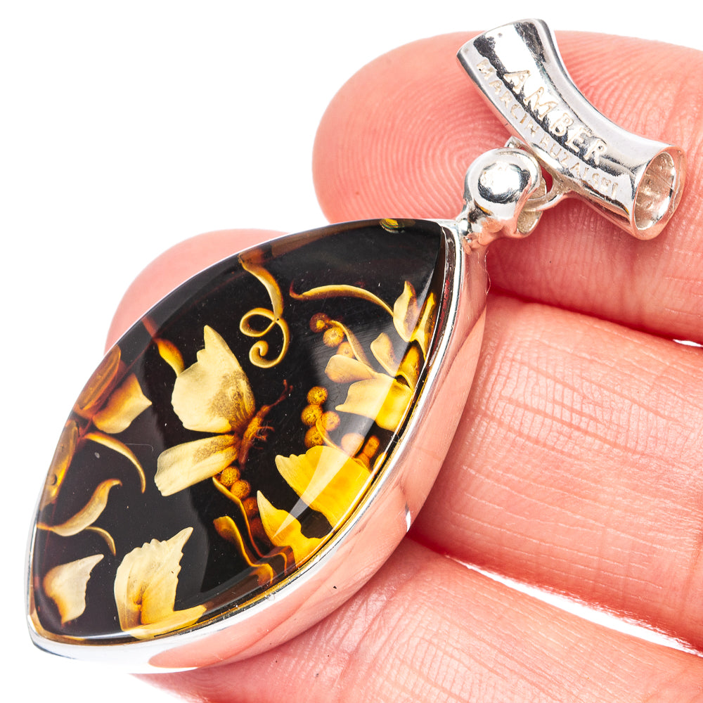 Amber Intaglio Butterfly Pendant 1 3/4" (925 Sterling Silver) P42567