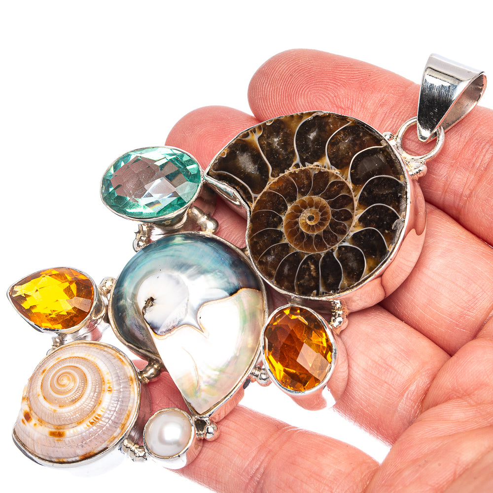 Huge Ammonite Fossil, Ocean Sea Shell, Blue Topaz, Citrine Pendant 2 5/8" (925 Sterling Silver) P40116