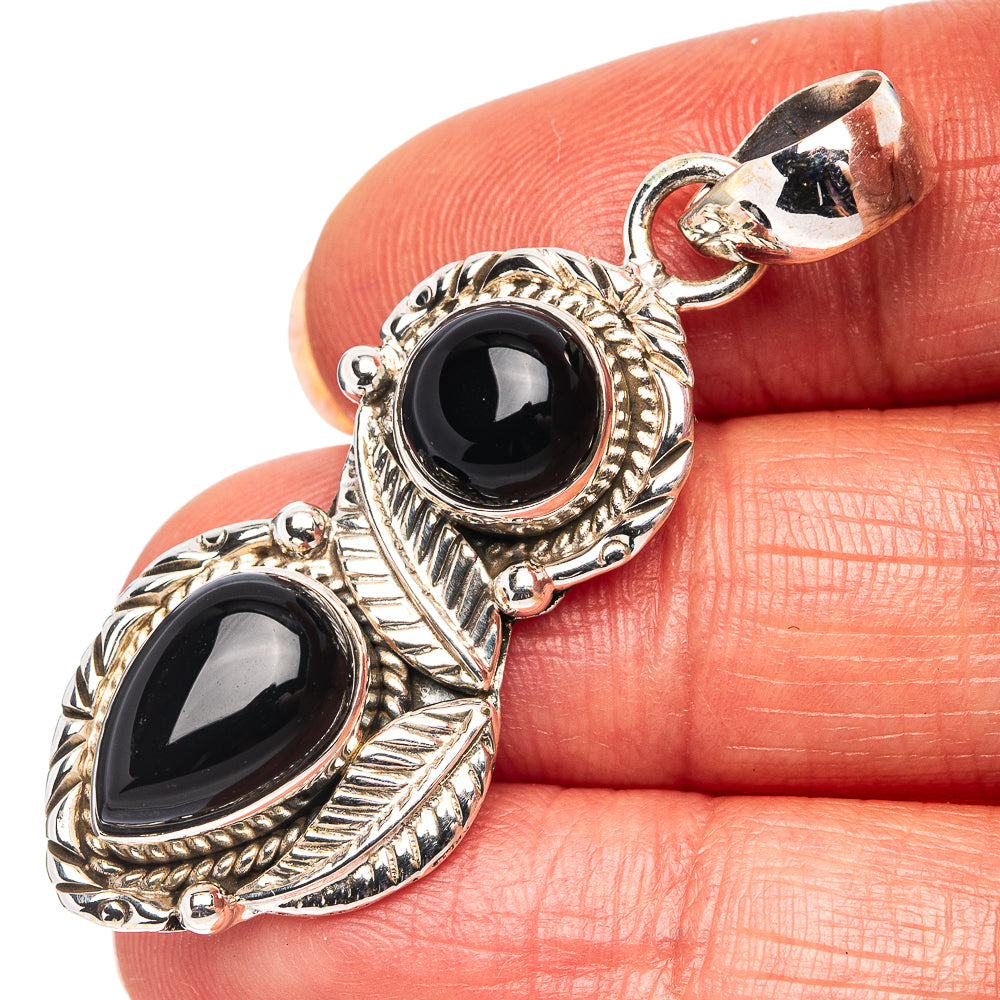 Native Style Black Onyx Pendant 1 3/4" (.925 Sterling Silver)
