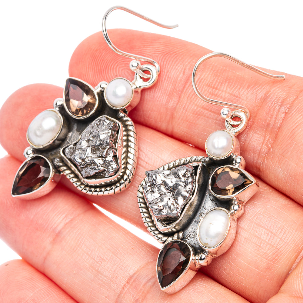 Premium Campo del Cielo Meteorite, Smoky Quartz, Cultured Pearl Earrings 1 3/4" (925 Sterling Silver) E1296