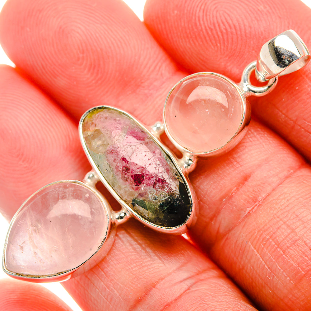 Natural Tourmaline, Rose Quartz Pendant 2" (925 Sterling Silver) PD38088