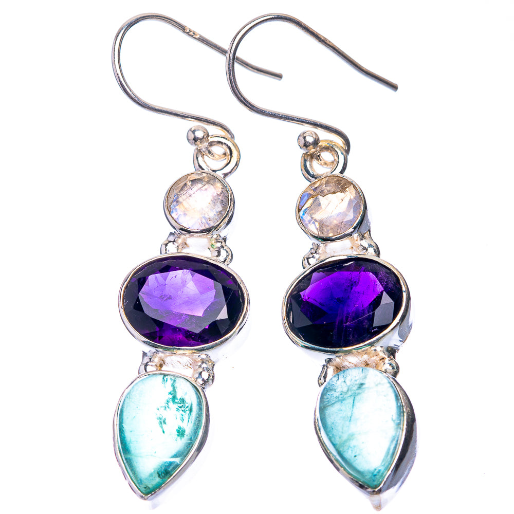Aquamarine, Amethyst, Rainbow Moonstone Earrings 1 3/4" (925 Sterling Silver) E432588