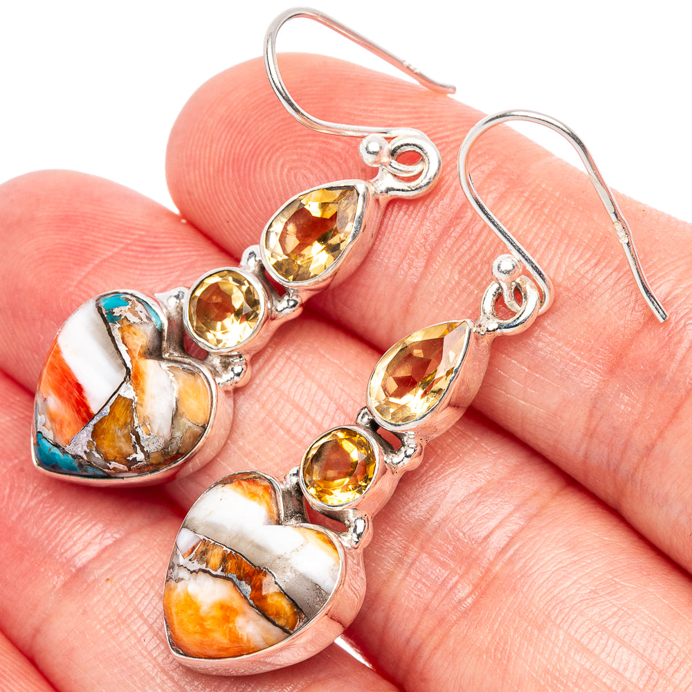 Spiny Oyster Turquoise, Citrine Heart Earrings 1 3/4" (925 Sterling Silver) E1791