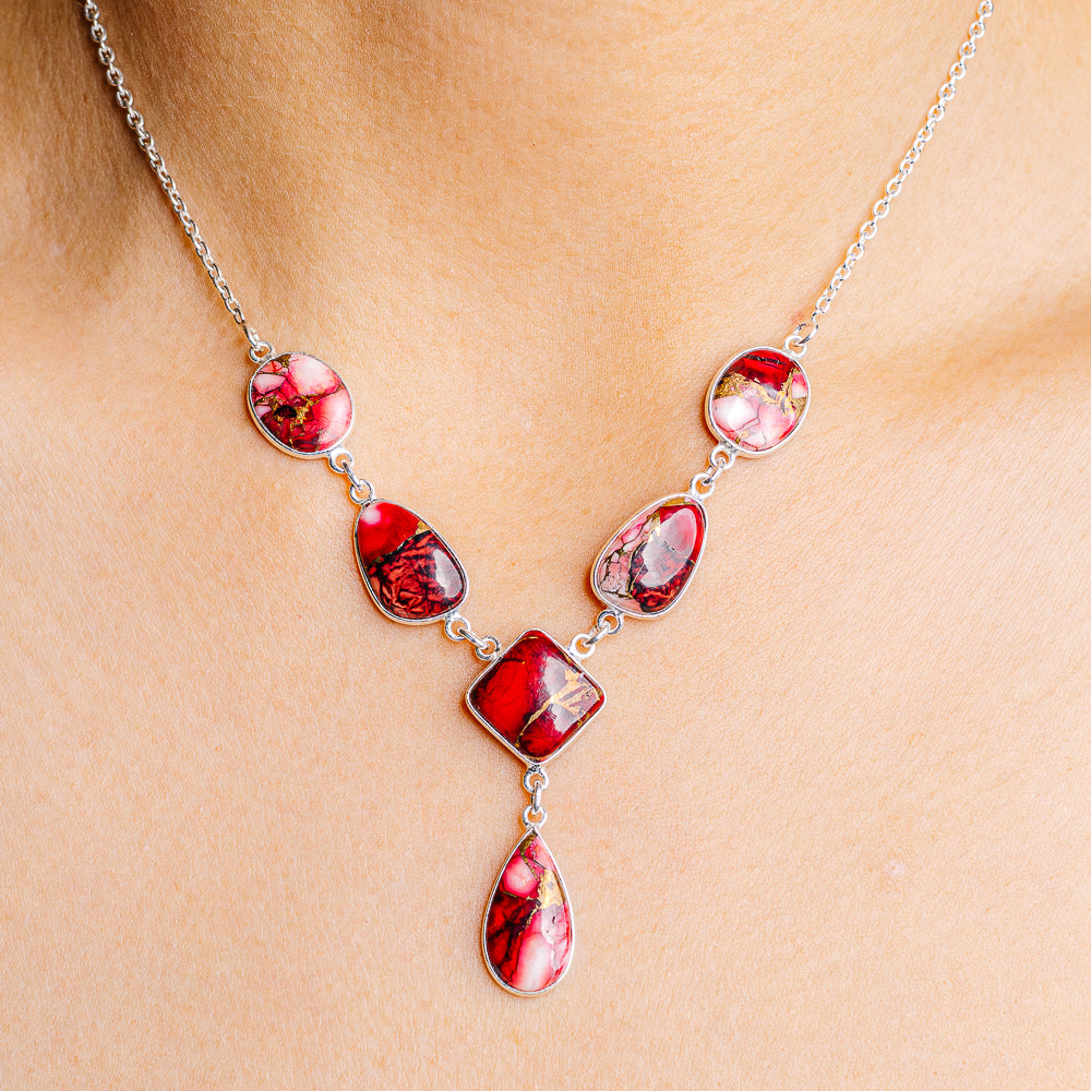 Red Dahlia Mohave Turquoise Necklace 16 to 18" (.925 Sterling Silver)