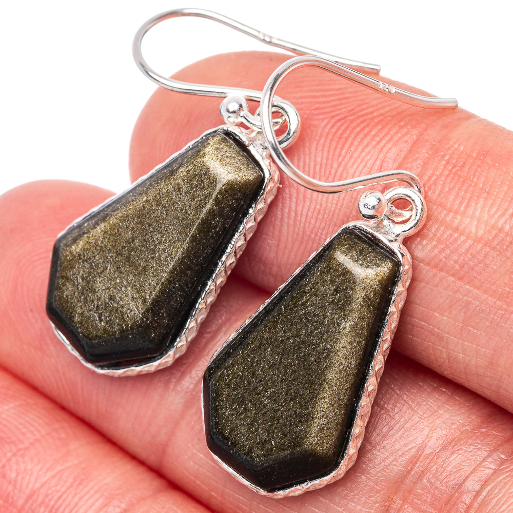 Gold Sheen Obsidian 925 Sterling Silver Earrings 1 3/8" (925 Sterling Silver) E1433