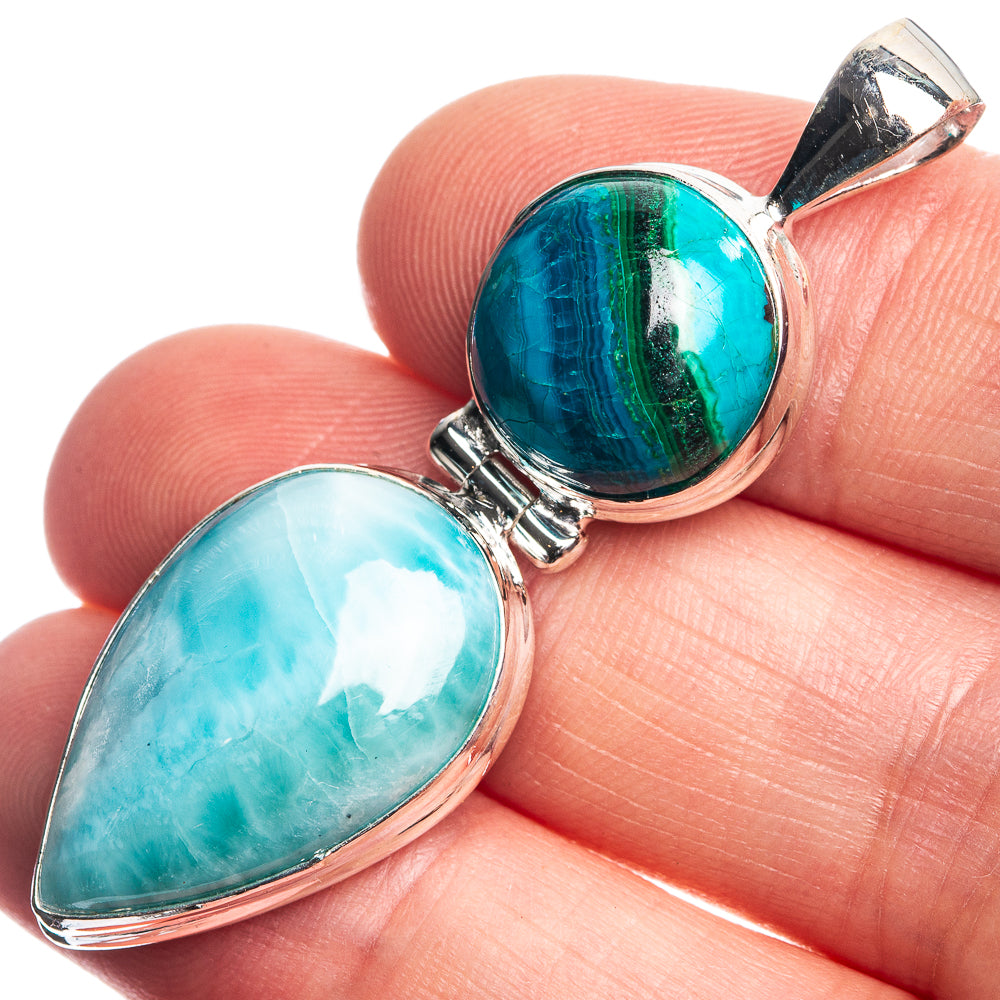 Larimar, Malachite In Chrysocolla Pendant 1 7/8" (925 Sterling Silver) P39087