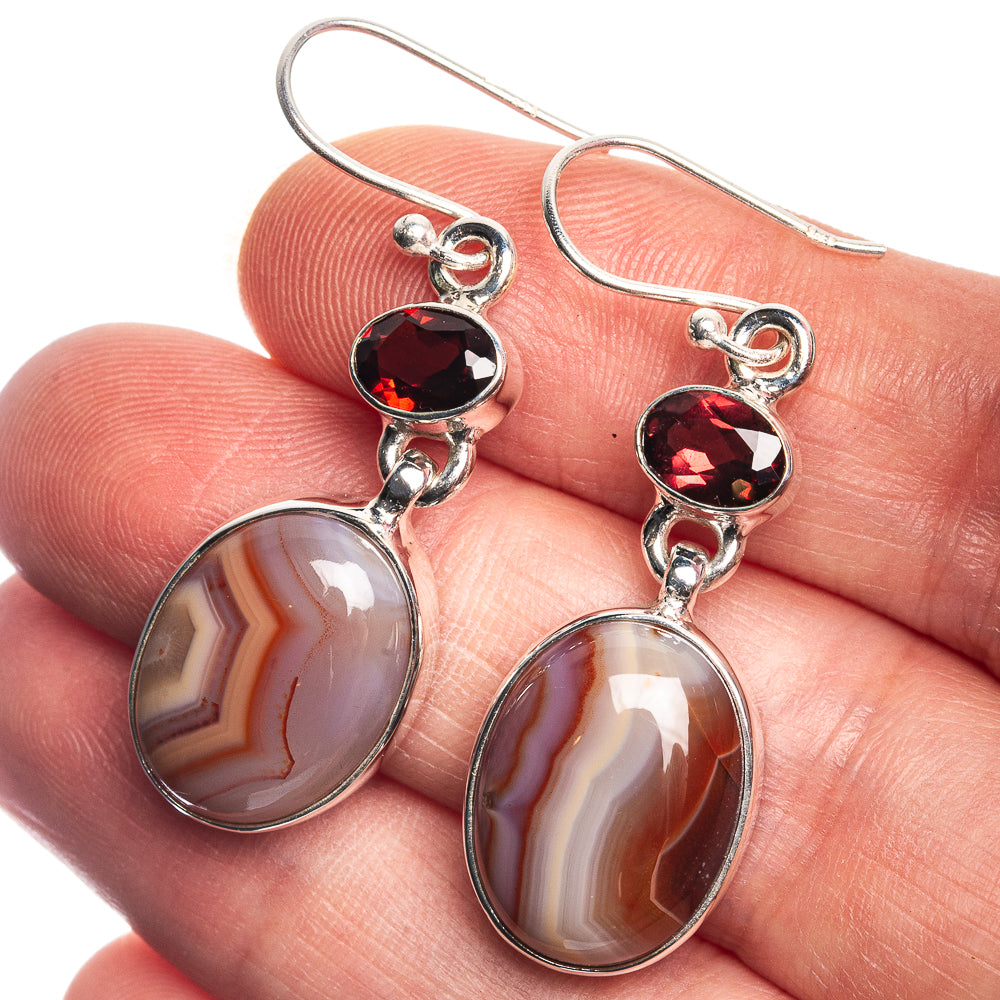 Botswana Agate, Garnet 925 Sterling Silver Earrings 1 3/4"