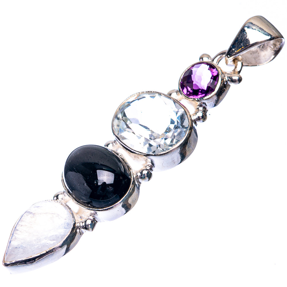 White Quartz, Black Onyx, Rainbow Moonstone, Amethyst Pendant 2 1/8" (925 Sterling Silver) P38699