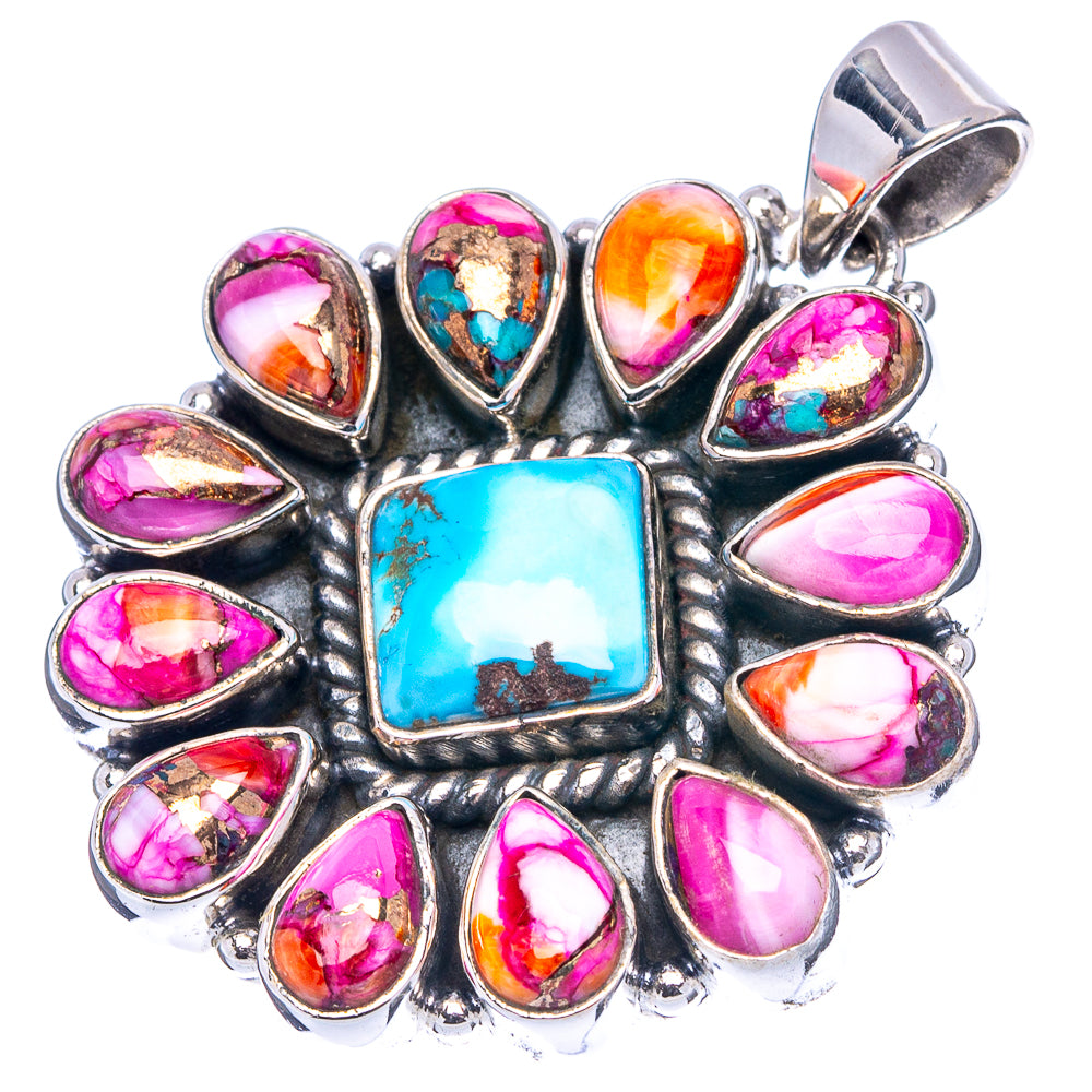 Rare Golden Hills Turquoise, Pink Dahlia Mohave Turquoise Native Style Pendant 1 5/8" (.925 Sterling Silver)
