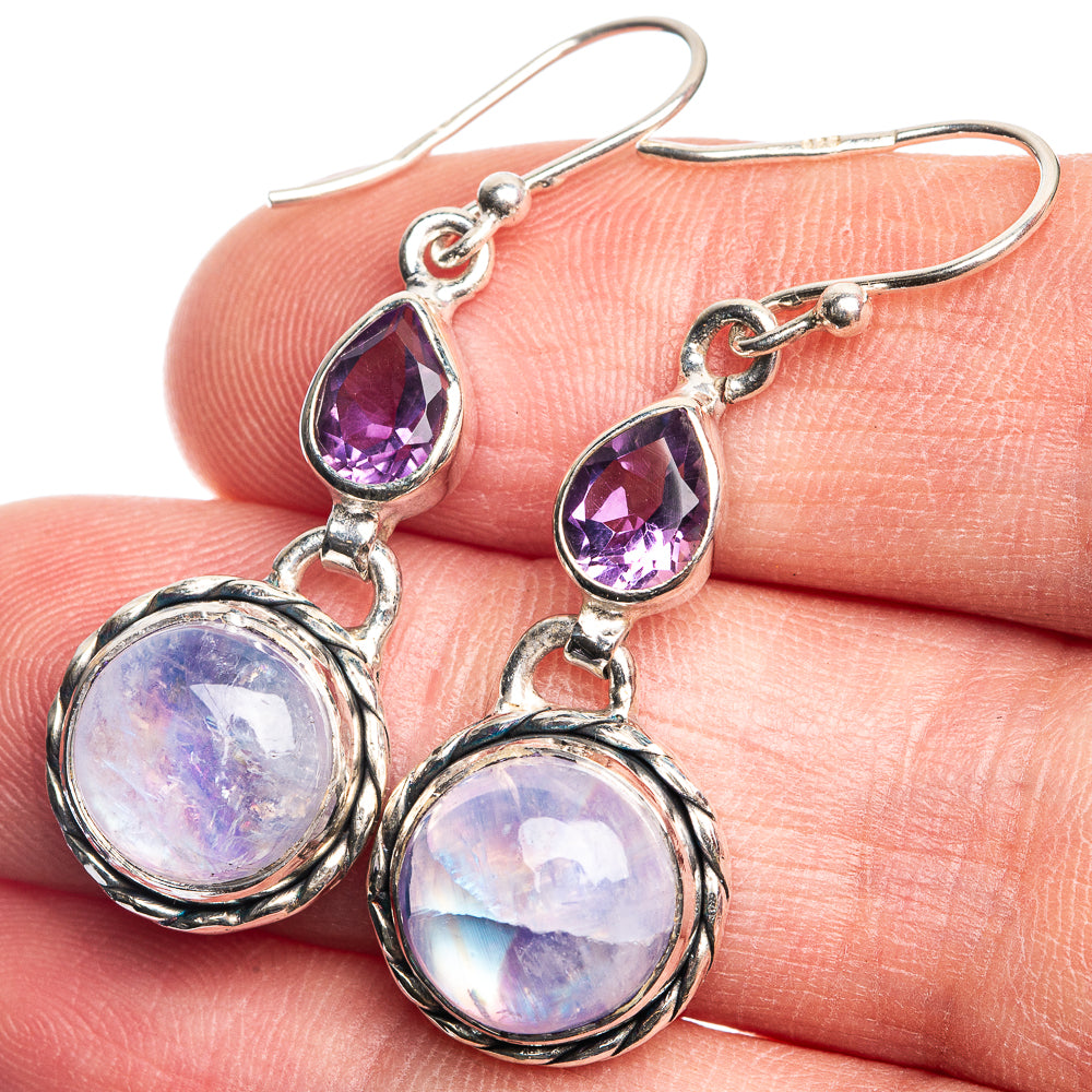 Rainbow Moonstone, Amethyst Earrings 1 5/8" (925 Sterling Silver) E432686