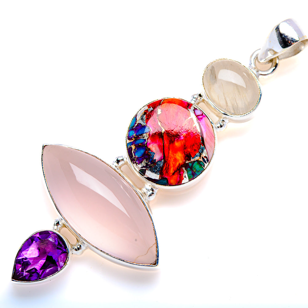 Rose Quartz, Kingman Pink Dahlia Turquoise, Amethyst, Rainbow Moonstone Pendant 2 1/2" (925 Sterling Silver) PD38167