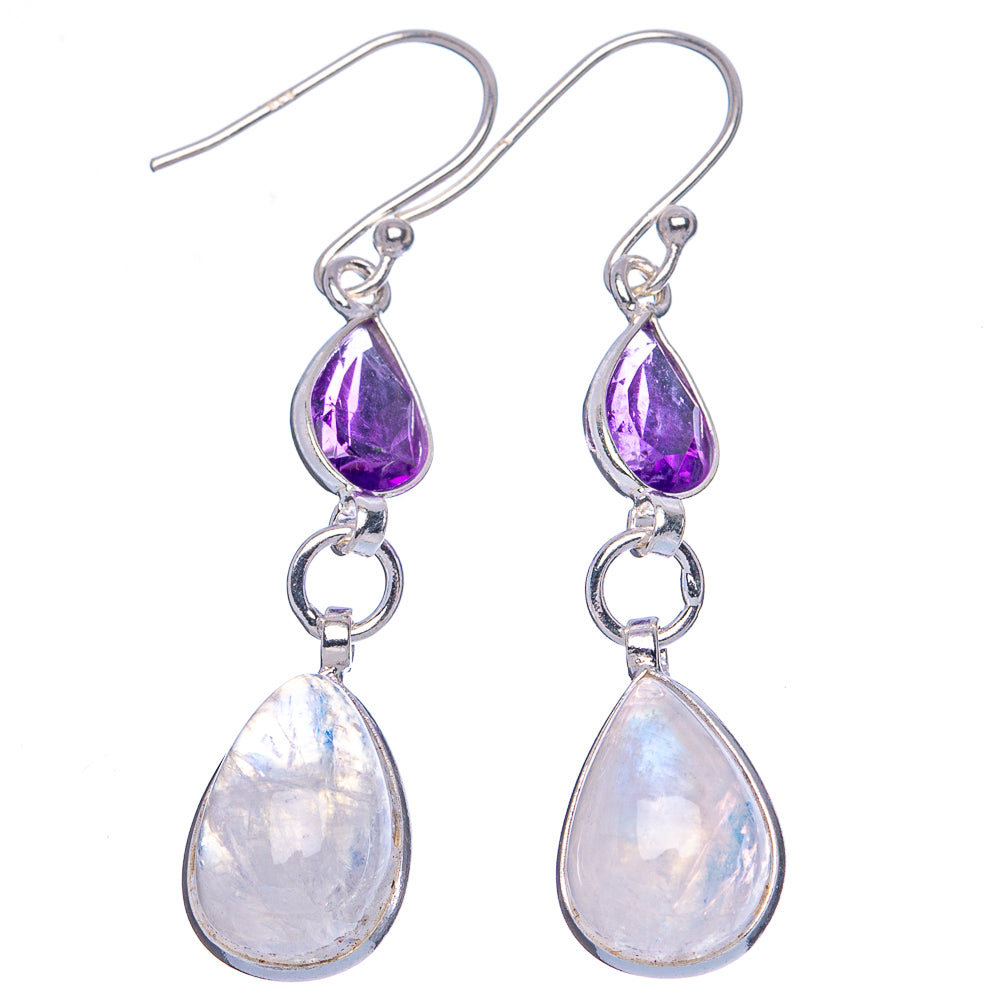 Rainbow Moonstone, Amethyst Earrings 1 7/8" (.925 Sterling Silver)