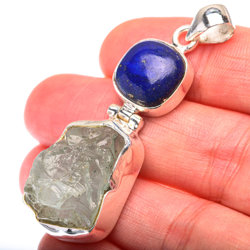 Raw Aquamarine, Lapis Lazuli Pendant 2 1/8" (925 Sterling Silver) PD38461