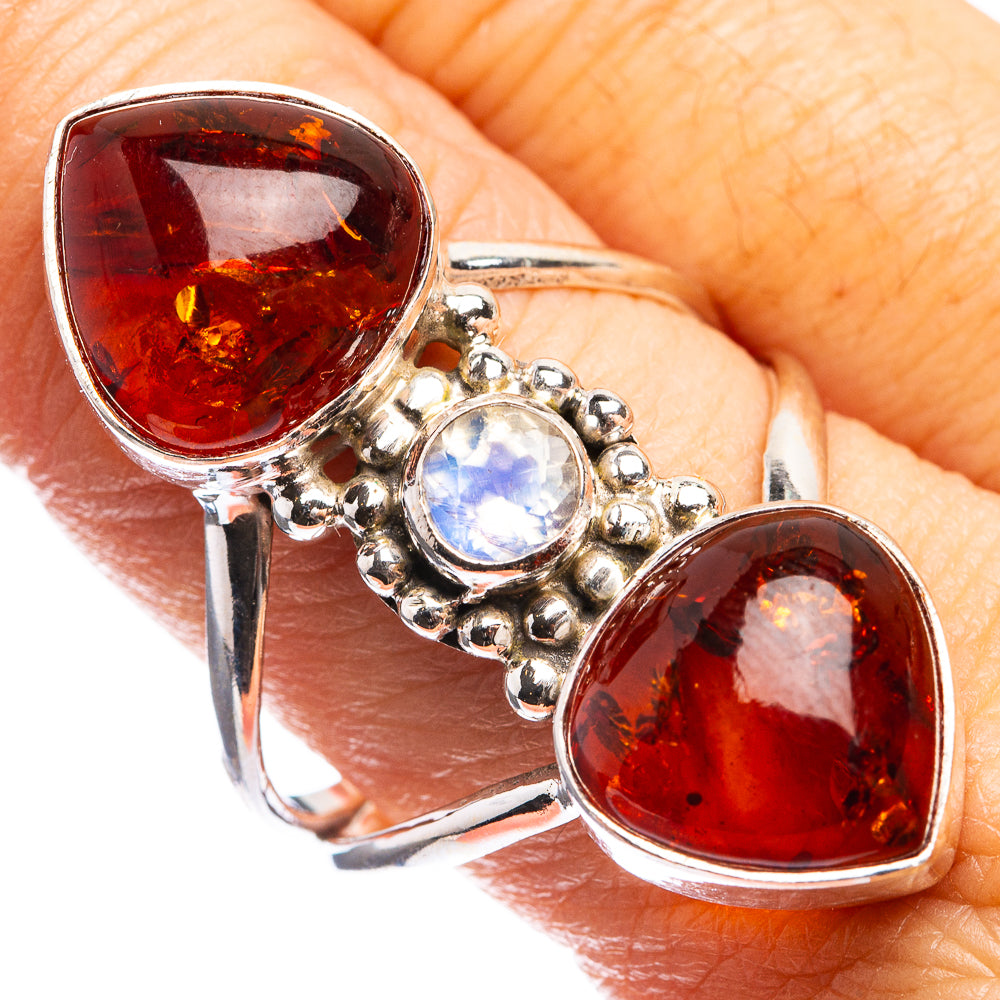 Large Baltic Amber, Rainbow Moonstone Ring Size 10 (925 Sterling Silver) R143158