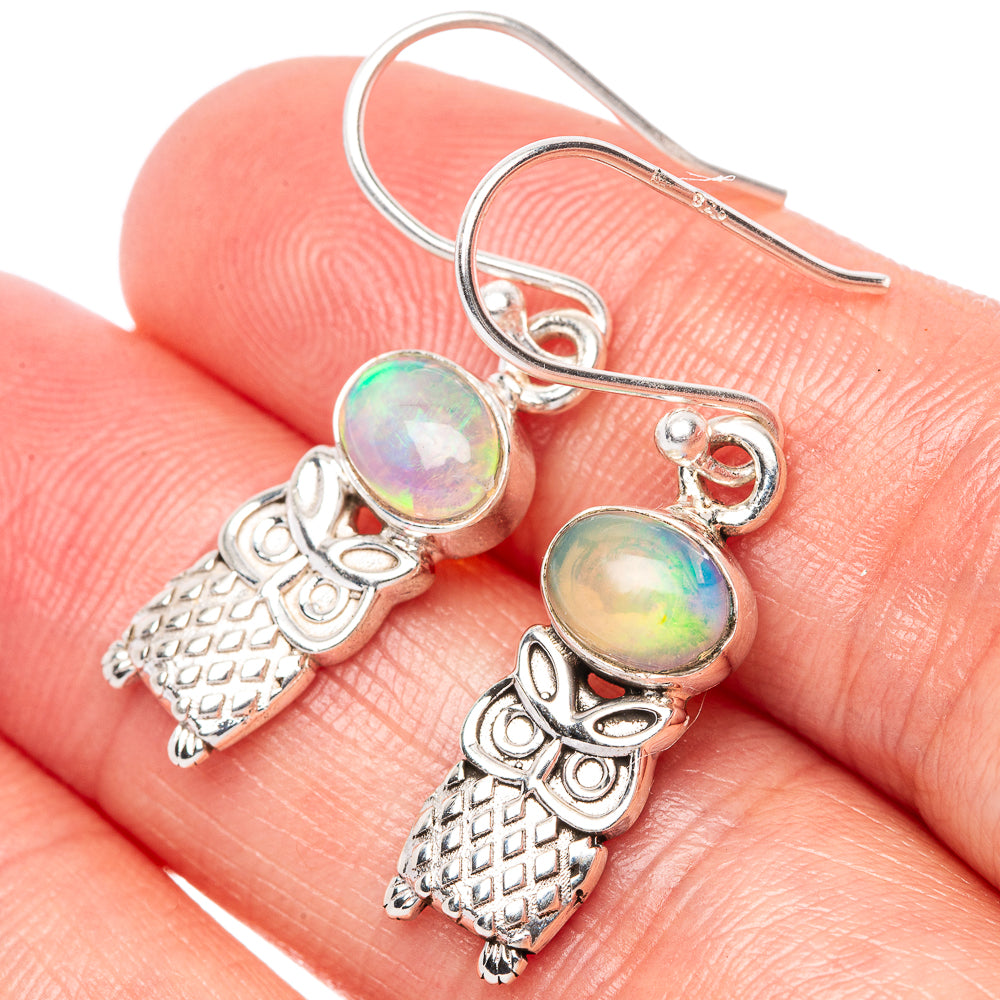 Rare Ethiopian Opal Owl Earrings 1 3/8" (925 Sterling Silver) E1496