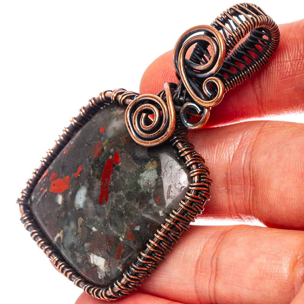 Bloodstone Wire Wrap Pendant 2 1/4" (Oxidized Copper)