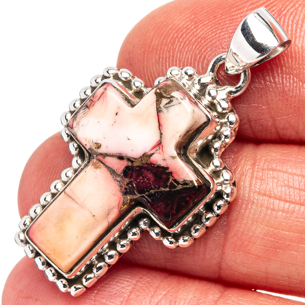Native Style Red Dahlia Mohave Turquoise Cross Pendant 1 3/8" (.925 Sterling Silver)
