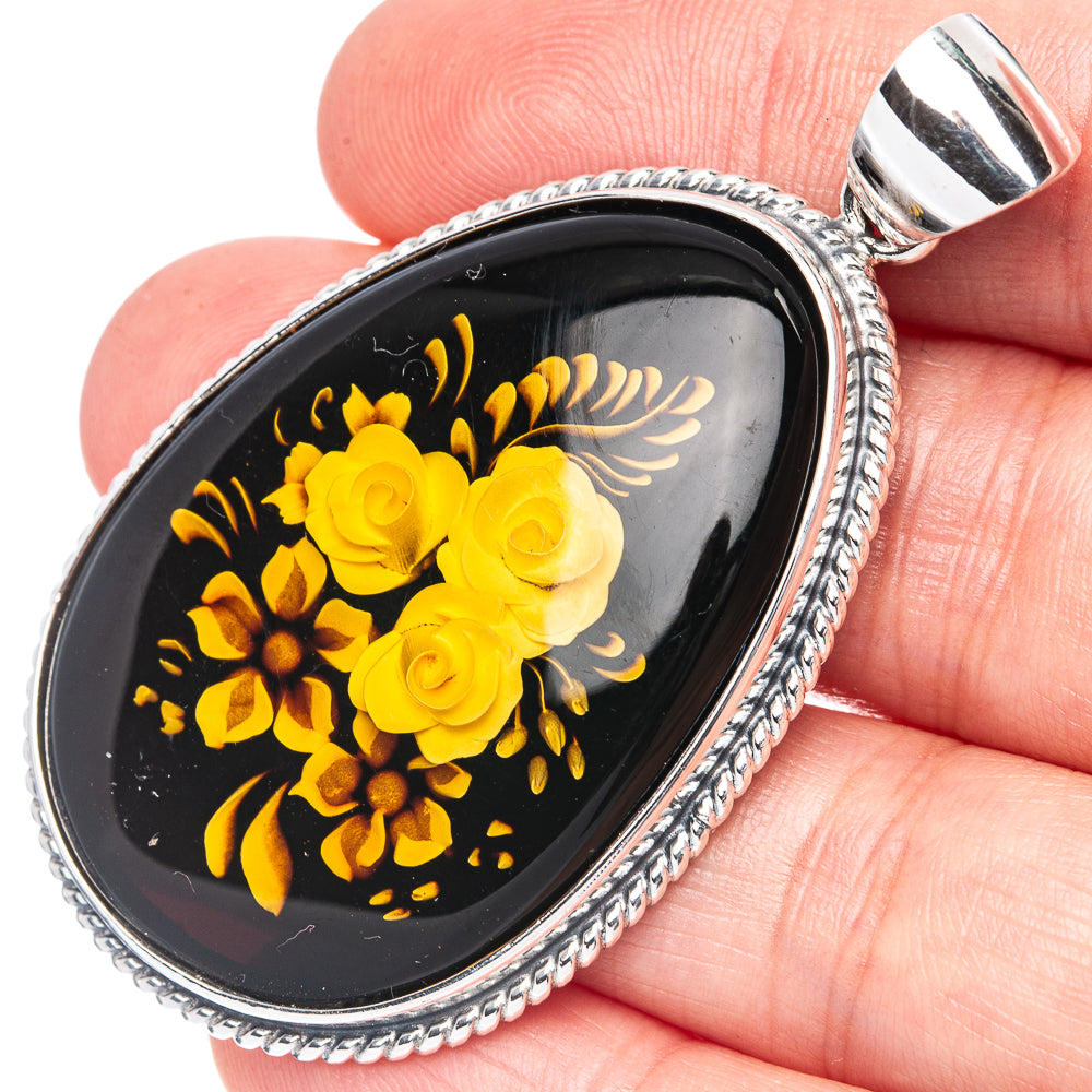 Amber Intaglio Rose Pendant 2 1/4" (925 Sterling Silver) P42587