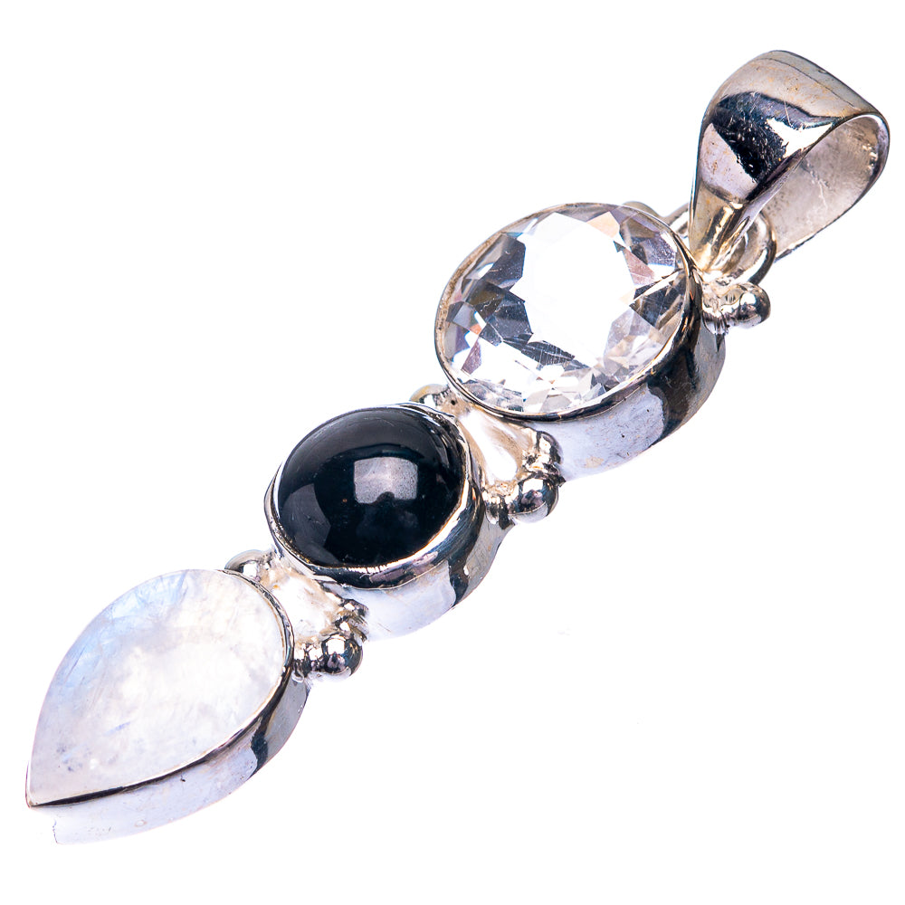 Rainbow Moonstone, White Quartz, Black Onyx Pendant 1 3/4" (925 Sterling Silver) P38692