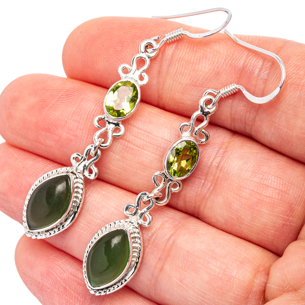 Premium Nephrite Jade, Peridot Earrings 2 1/8" (.925 Sterling Silver)