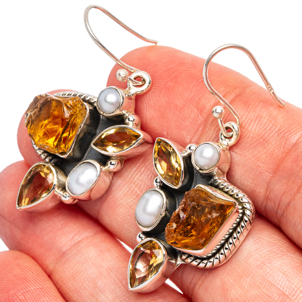 Citrine, Cultured Pearl Premium Earrings 1 5/8" (925 Sterling Silver) E2355