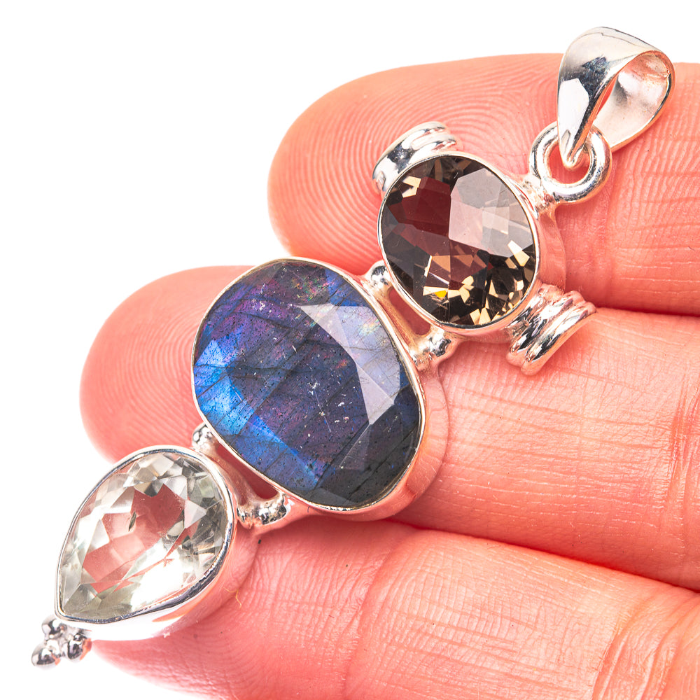 Labradorite, White Quartz, Smoky Quartz Pendant 2 1/8" (925 Sterling Silver) P38695