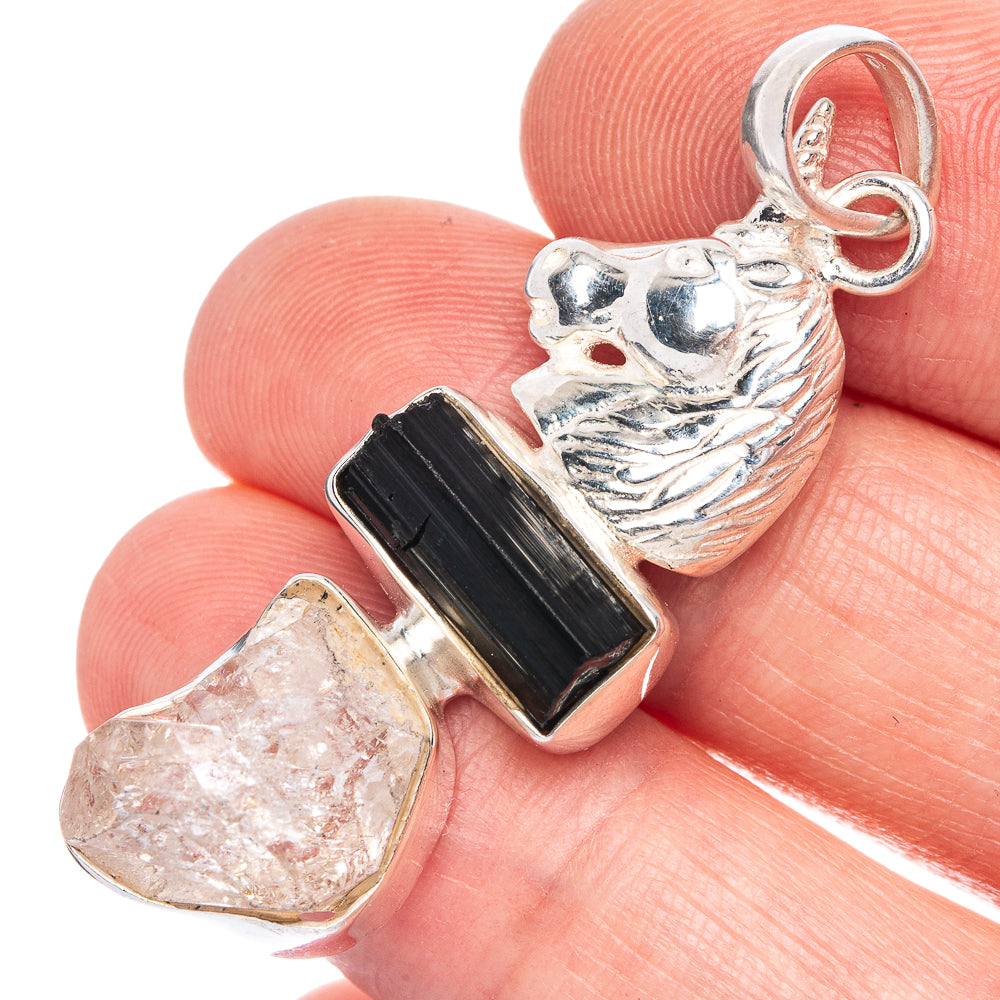 Herkimer Diamond, Black Onyx Unicorn Pendant 1 7/8" (925 Sterling Silver) P40175